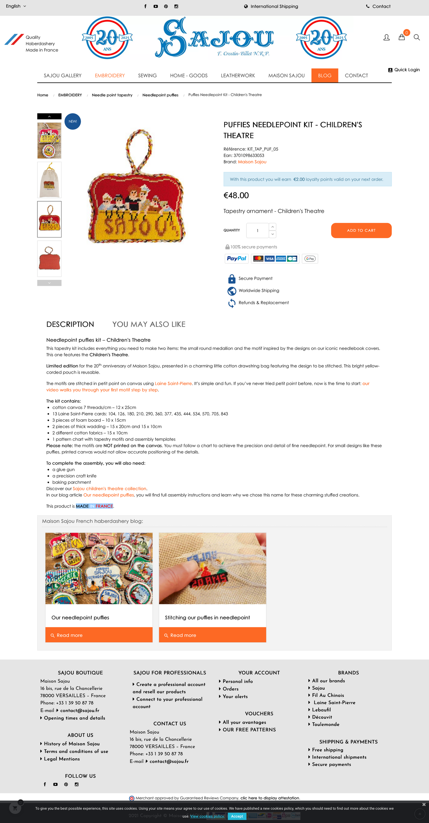 Sajou Needlepoint Puffie Kit - Children's Theater