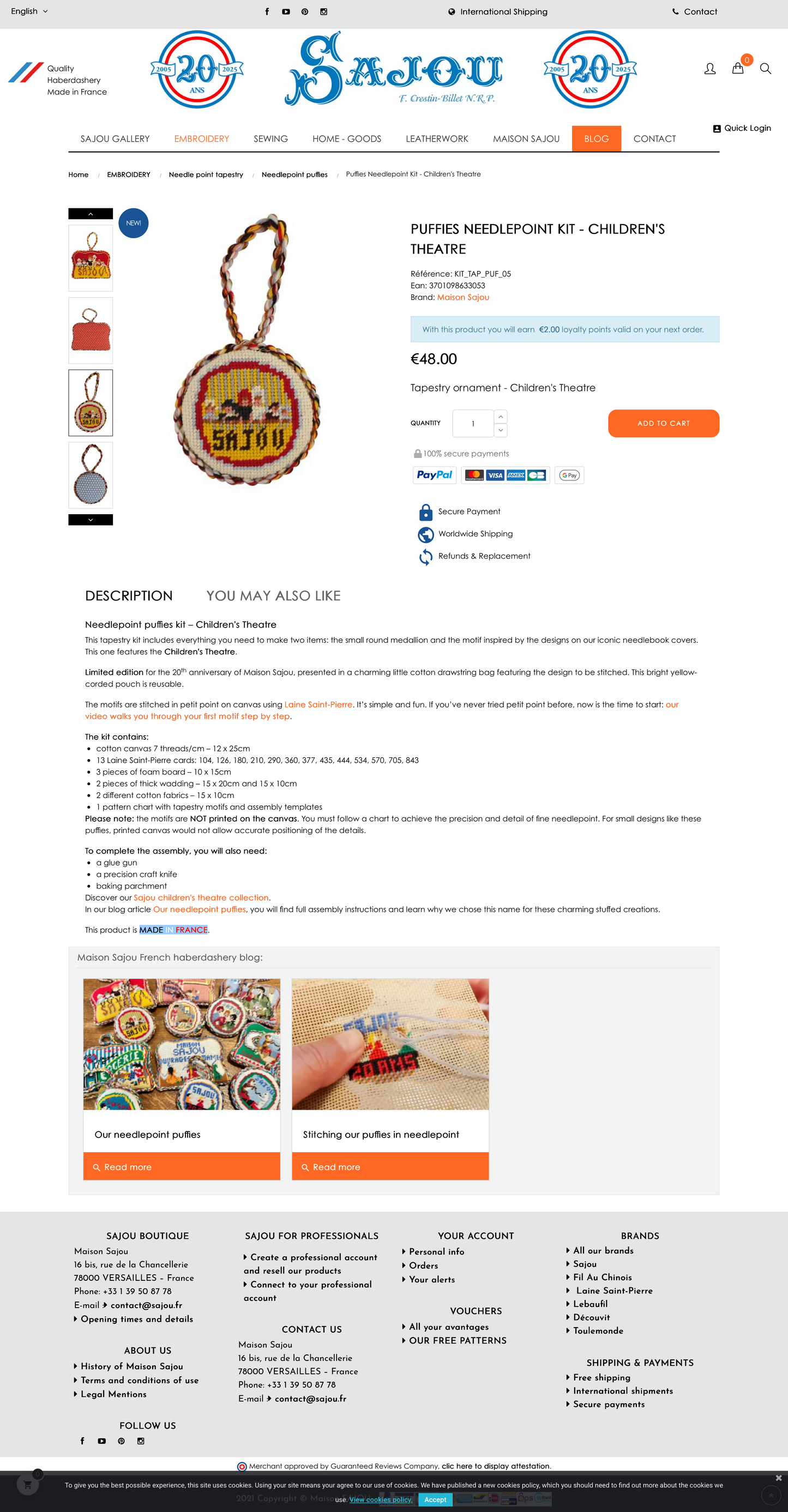 Sajou Needlepoint Puffie Kit - Children's Theater