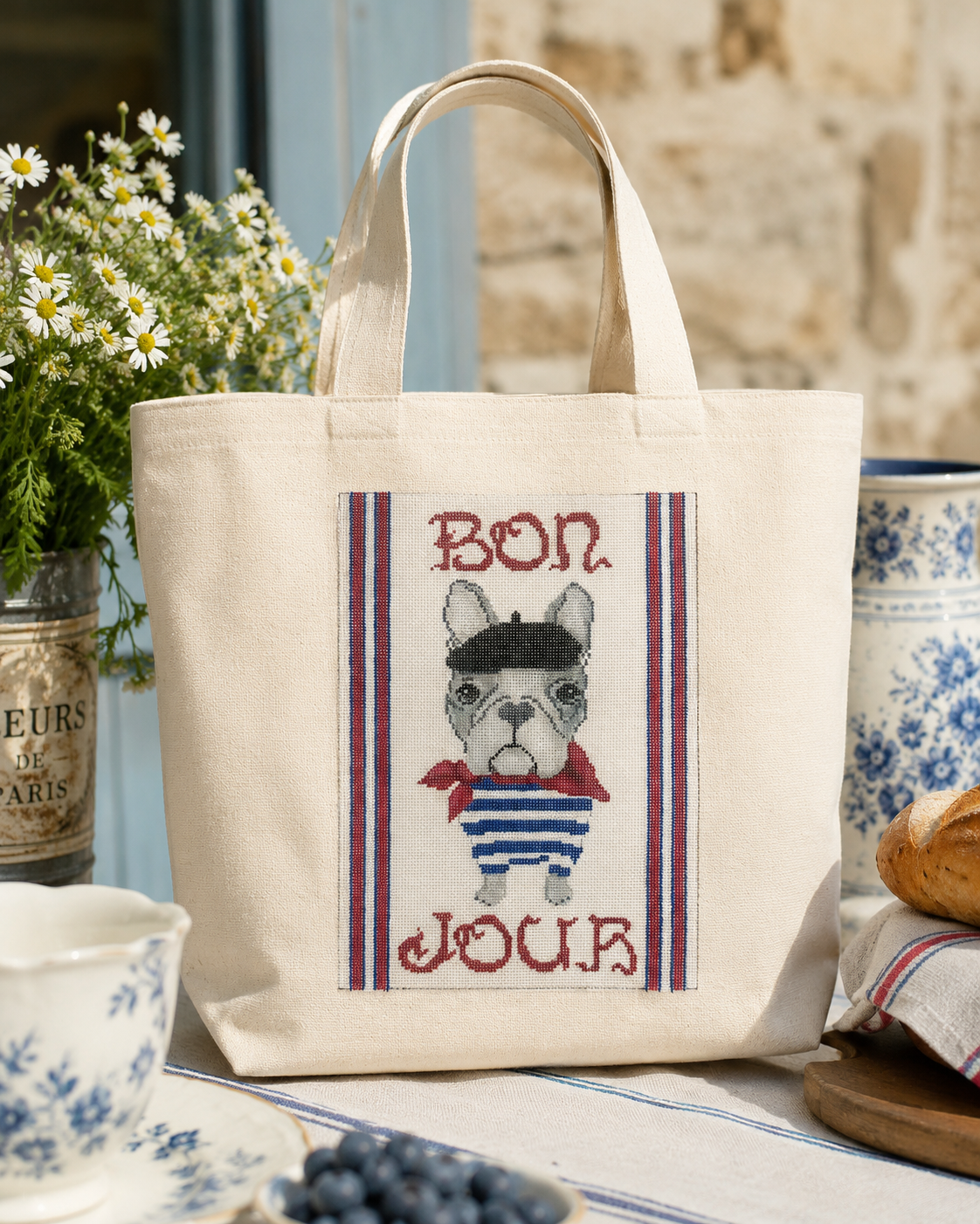 18 mesh Handpainted Canvas - Bonjour!  French Bull Dog