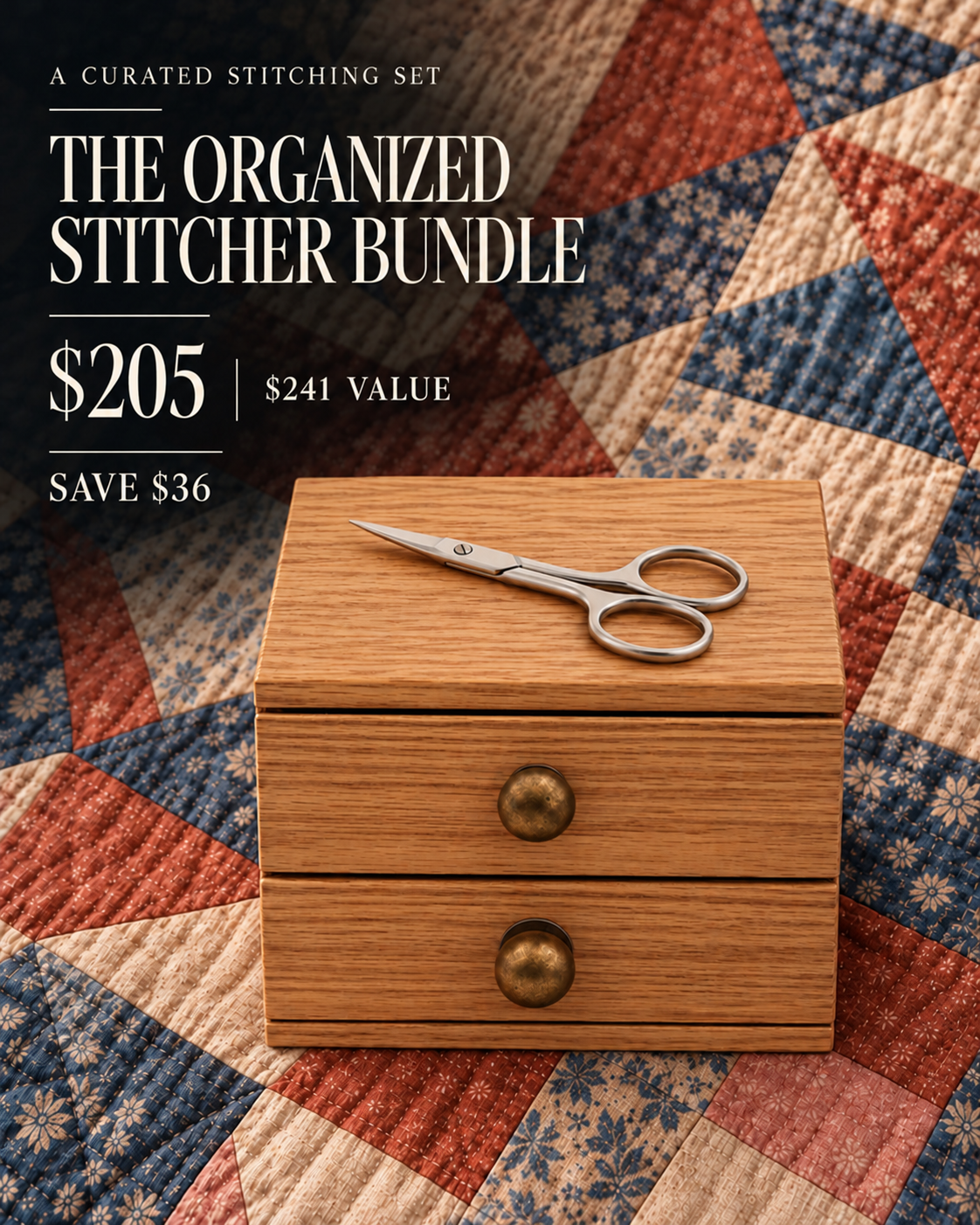 Two Drawer Chest with silver Close Cut embroidery scissors in The Organized Stitcher Bundle on a patchwork quilt.
