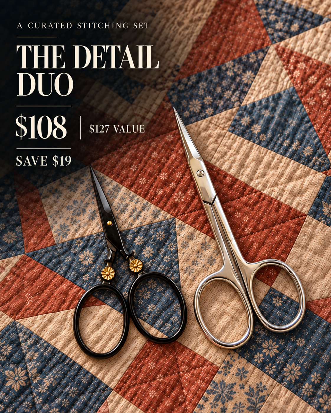 Moon Flower and Close Cut embroidery scissors in The Detail Duo on a navy, cream and rust patchwork quilt.