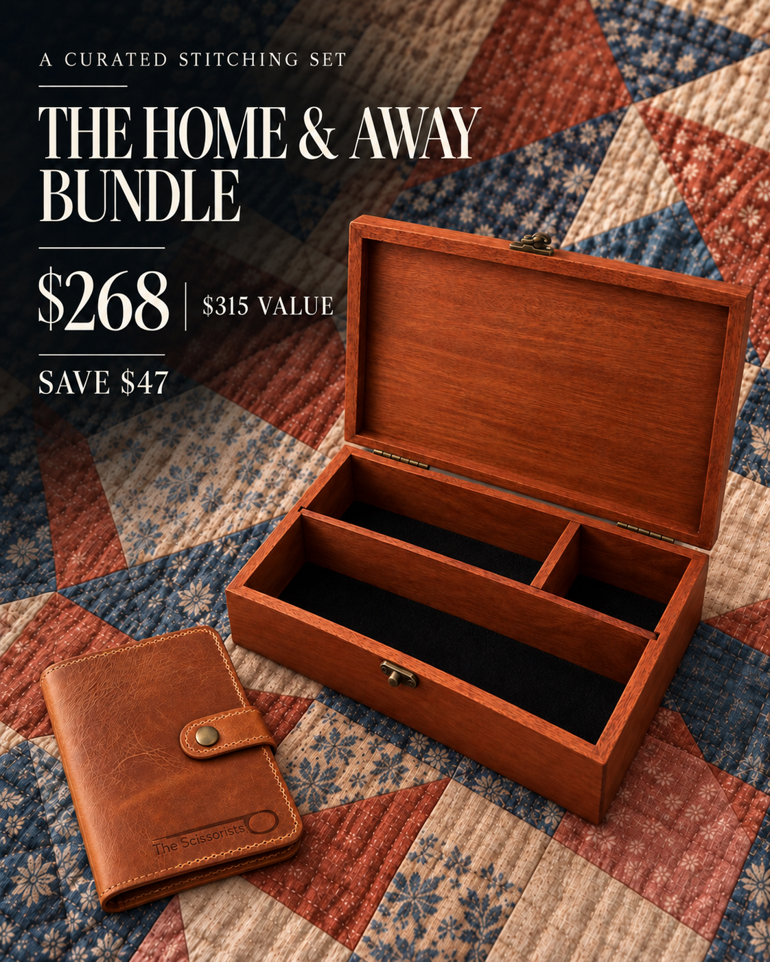 Open Large Studio Box and closed leather Stitcher's Wallet in The Home & Away Bundle on a patchwork quilt.